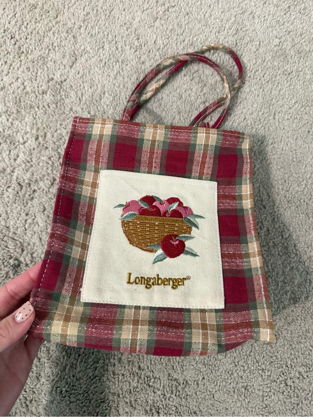 Longaberger Red and Tan Plaid Tote with Embroidered Apple Basket